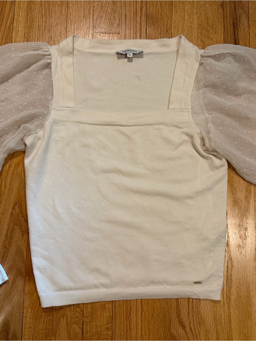 Morgan de Toi Cream Square Neck Puff-Sleeve Knit Top